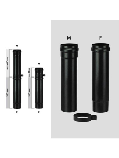 Tubo telescopico stufa a pellet Save Pellet Light DN 80 x 500 mm smaltato Nero con guarnizione
